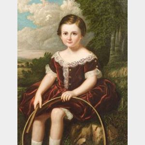 W. R. Waters (British, fl. 1838-1867) Portrait of a Child in Red Velvet, Seated in a Landscape and Holding a Hoop.