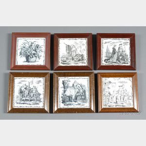 Six Framed Transfer-decorated Pottery Tiles