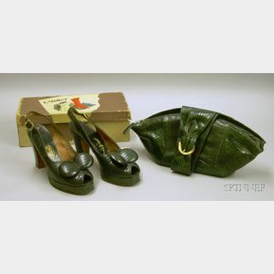Pair of I. Miller 1940s Lizard Skin Green Peep-toe Platform Pumps and Matching Handbag.