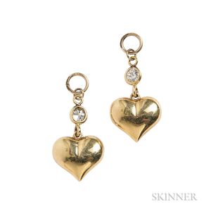 Pair of 14kt Gold and Diamond Heart Pendants