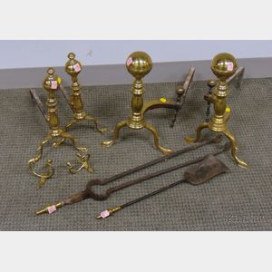Two Pairs of Brass Belted Ball-top Andirons, a Pair of Brass Jamb Hooks, a Hearth Shovel, and Tongs.