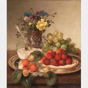 Robert Spear Dunning (American, 1829-1905) Strawberries, Grapes, Sugar Bowl, and Nosegay on a Silver Tray