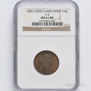 1806 Large 6 with Stems Half Cent, NGC MS61 BN