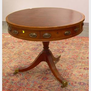 Georgian-style Circular Tooled Leather-inset Inlaid Mahogany Drum Table