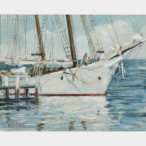 Ray G. Ellis (American, 1921-2013) Harbor View with Schooner