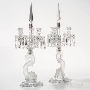 Pair of Assembled Frosted Glass Dolphin Candelabra