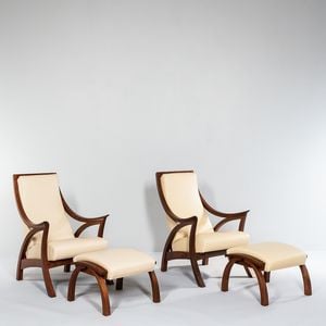 Pair of Thomas Moser "Drift" Walnut Chairs and Ottomans