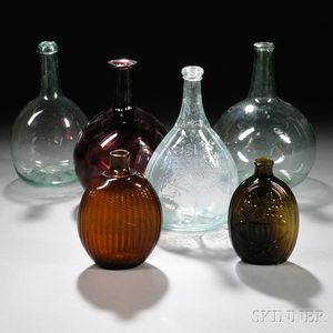 Six Blown and Blown-molded Colored Glass Bottles and Flasks