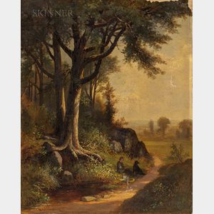 Benjamin Champney (American, 1817-1907) Figure and Dog at Rest by Hillside Trees
