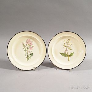 Two Creamware Botanical Transfer-decorated Plates