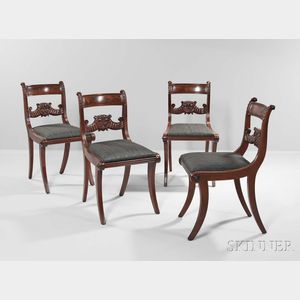 Set of Four Carved Mahogany and Mahogany Veneer Grecian Chairs