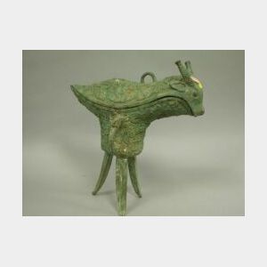 Archaic-style Green Patinated Bronze Grasshopper Vessel.