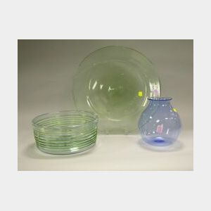 Blown Colored Glass Bottle, Bowl, Etched Flip, Deep Olive Bottle and a Platter.