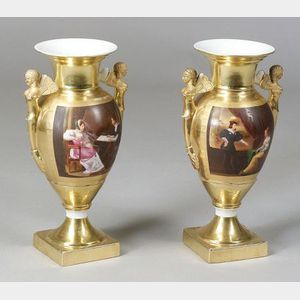 Pair of Paris Porcelain Gilt and Handpainted Genre Scene Decorated Vases