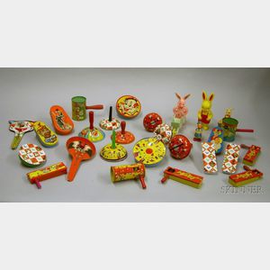 Collection of Approximately Twenty-four Chromolithographed Tin Noisemakers and Four Plastic and Celluloid Toys....