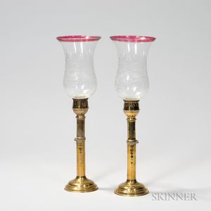 Set of Eight Brass Candlesticks with Glass Shades
