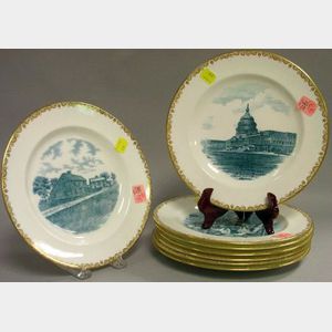 Set of Eight Wedgwood Gilt and American Historic Transfer Decorated Porcelain Plates.