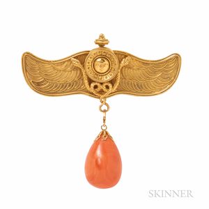 Archeological Revival Gold and Coral Brooch