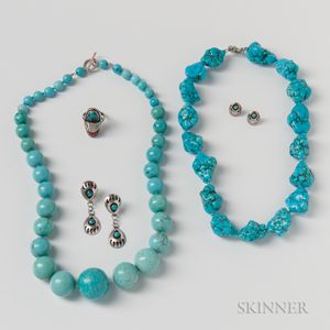Two Turquoise Bead Necklaces, Two Pairs of Silver Earrings, and a Silver Ring