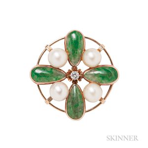 14kt Gold, Jade, and Pearl Brooch