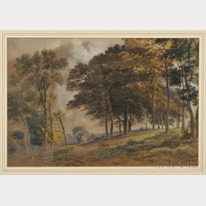 British School, 19th Century Landscape with Tall Trees and Grazing Cow