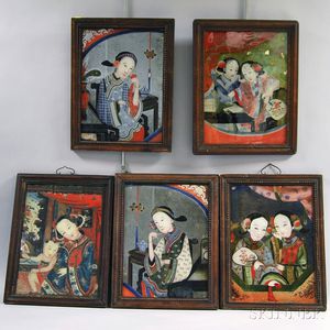 Five Framed Chinese Export Reverse-painted Portraits of Women