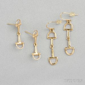 Two Pairs of 14kt Gold Horse-theme Earpendants