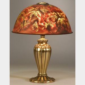 Painted Art Glass Shade and Gilt-metal Table Lamp