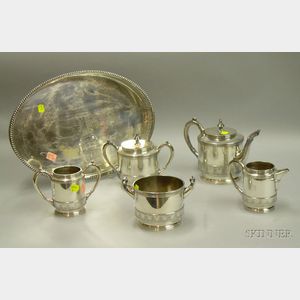 Five-piece Meriden Aesthetic Silver Plated Tea Set and an Oval Silver Plated Tray with Pierced Gallery.