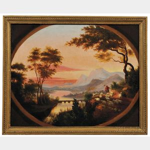 American School, 19th Century River Sunset Landscape with Shepherd and Flock.