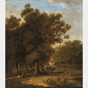 Hendrik Barend Koekkoek (Dutch, 1849-1909) Wooded Landscape with Horse Cart and Livestock