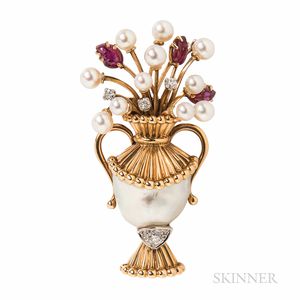 Baroque Pearl and Ruby Brooch
