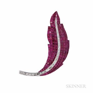 18kt White Gold, Ruby, and Diamond Feather Brooch
