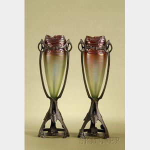 Pair of Austrian Art Nouveau Iridescent Glass and Bronze Mantel Vases