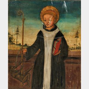 Continental School, 19th Century Male Saint with a Demon Figure Grasping His Crozier