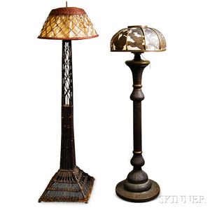 Persian Pierced Brass Floor Lamp and a Wicker Floor Lamp