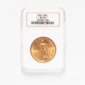 1924 $20 St. Gaudens Gold Coin, NGC MS62. 