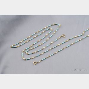 18kt Gold, Enamel, and Cultured Pearl Chain and Bracelet