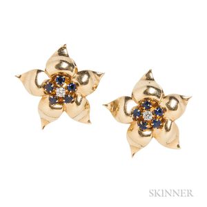 14kt Gold, Sapphire, and Diamond Flower Earclips