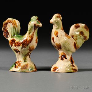 Two Staffordshire Cream-colored Earthenware Roosters