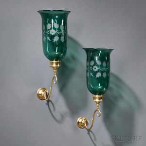 Pair of Brass and Etched Green Glass Candle Sconces