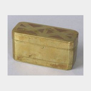 Small European Octagonal Copper Inlaid Brass-Lidded Fitted Box.
