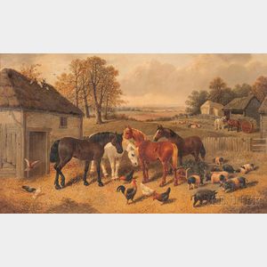 Attributed to John Frederick Herring the Elder (British, 1795-1865) Horses, Chickens, and Pigs Beside a Barn