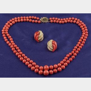 18kt Gold and Coral Earclips and Double-strand Bead Necklace