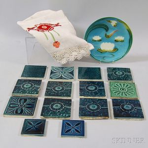 Fourteen Teal-glazed J. & J.G. Low Arts & Crafts Tiles, a Tablecloth, and a Plate