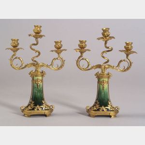 Pair of French Gilt Bronze and Earthenware Three Light Candelabra