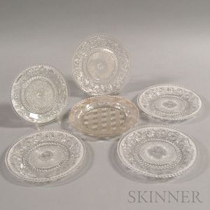 Six Colorless Pressed Glass Lacy Plates and a Continental School River Landscapes