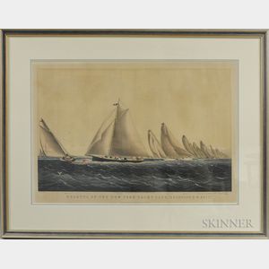 Framed Currier & Ives Hand-colored Engraving Regatta Of The New York Yacht Club "Rounding S.W. Spit,"