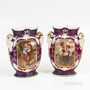 Large Pair of Red and Gilt Portrait Handled Vases