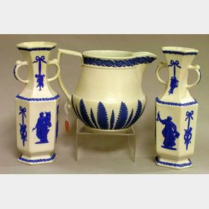 Pair of Wedgwood Blue Decorated White Stoneware Vases and a Jug.